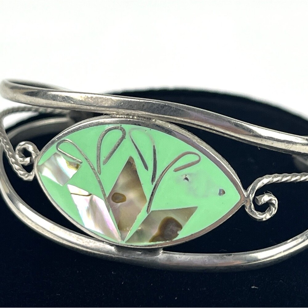 Vintage Mexican Alpaca Silver Cuff Bracelet Green Enamel & Abalone Shell Inlay